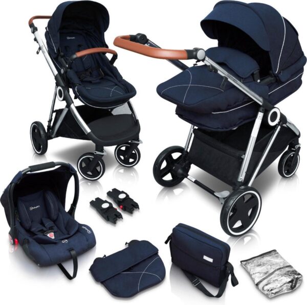BabyGO Halime - Combi Kinderwagen - Zilver frame - Blauw (incl. autostoel)