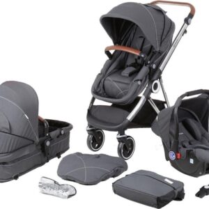 BabyGO Halime - Combi Kinderwagen - Zilver frame - Grijs (incl. autostoel)