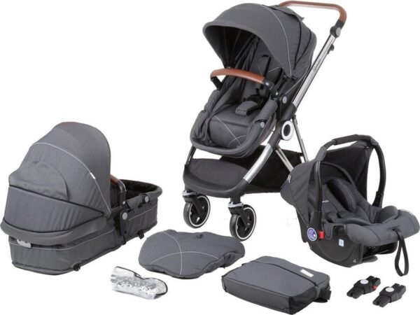 BabyGO Halime - Combi Kinderwagen - Zilver frame - Grijs (incl. autostoel)