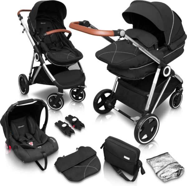 BabyGO Halime - Combi Kinderwagen - Zilver frame - Zwart (incl. autostoel)