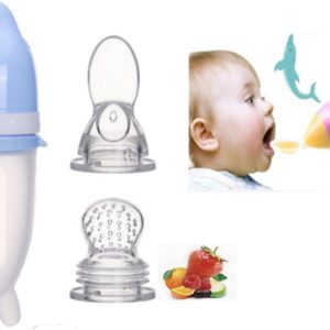 DONLINE - Blauw Dolfijn - 2-in-1 Knijpfles Anti knoei lepel + Fruitspeen Voor Baby's / Voedingslepel + Fruitspeen in- 1 / 50ml Knijpfles + Anti knoei lepel en Fruitspeen / Kinderbesteksetje / Babyshower Cadeau / Kraam Cadeau