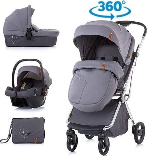 Kinderwagen 3 in 1 Piruet Chipolino grijs inclusief 360 graden draaibaar zitje voor meer comfort!
