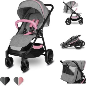 Lionelo Natt - Luxe kinderwagen met ruime bak - Geschikt voor 0 tot 48 maanden - Grijs / Roze