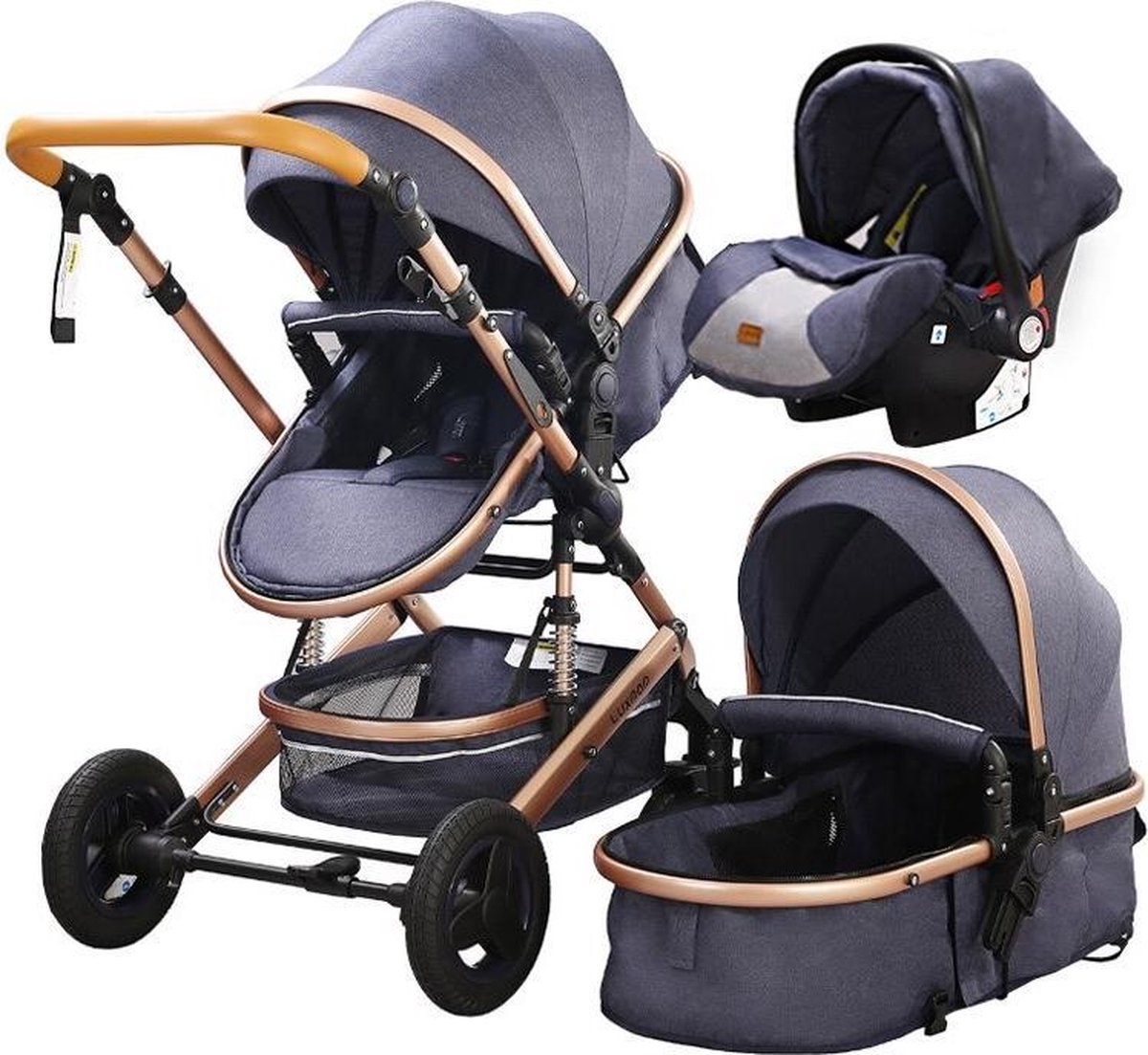 Haven de eerste strijd Luxnon® Maxxi Pro Luxe Kinderwagen - 3 in 1 Baby Wagen - Kinderwagen met  Stoel en Wieg - Navy Blue/Bronze - BabyReadyGo