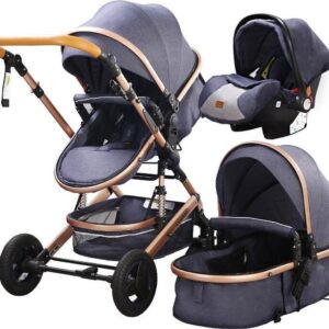 Luxnon® Maxxi Pro Luxe Kinderwagen - 3 in 1 Baby Wagen - Kinderwagen met Stoel en Wieg - Navy Blue/Bronze