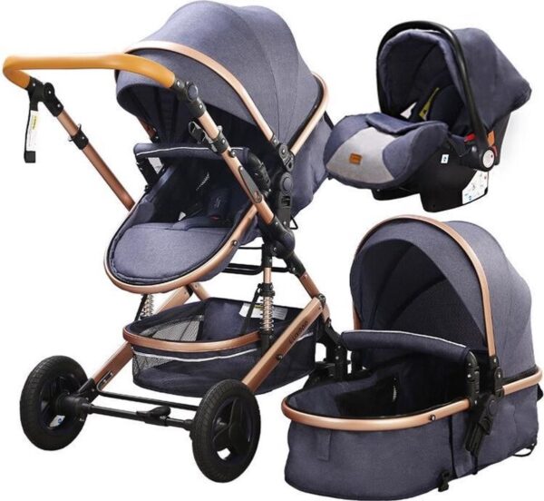 Luxnon® Maxxi Pro Luxe Kinderwagen - 3 in 1 Baby Wagen - Kinderwagen met Stoel en Wieg - Navy Blue/Bronze