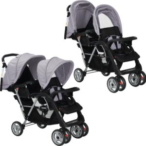 vidaXL Dubbele kinderwagen staal grijs en zwart