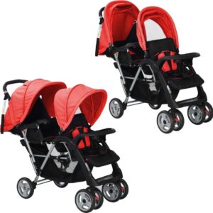 vidaXL Dubbele kinderwagen staal rood en zwart