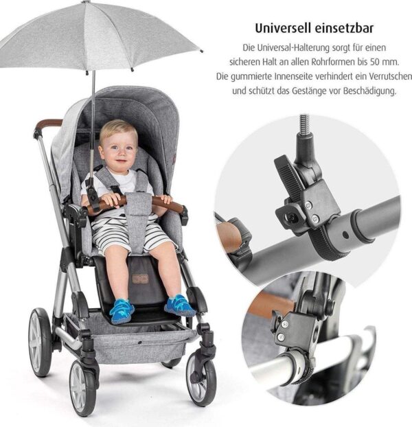 Parasol voor kinderwagen, universeel bruikbaar, draai- en kantelbaar, grijs