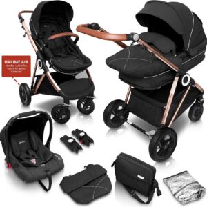 BabyGO Halime Air - Combi Kinderwagen - Goudkleurig frame - Zwart (incl. autostoel)