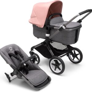 Bugaboo Fox 3, Comfortabele 2-in-1 Reissysteem: Lichte comfort Kinderwagen & Geavanceerde Breezy Reiswieg, Graphite Chassis, Bassinet in Grey Mélange & Zonnekap in Morning Pink