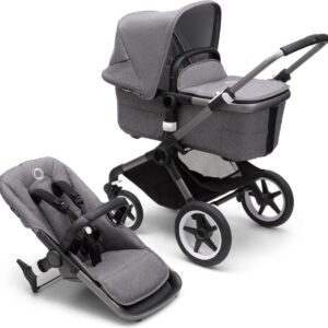 Bugaboo Fox 3, Comfortabele 2-in-1 Reissysteem: Lichte comfort Kinderwagen & Geavanceerde Breezy Reiswieg, Graphite Chassis, Grey Melange Bassinet & Zonnekap