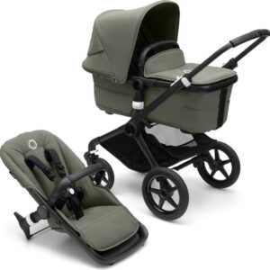 Bugaboo Fox 3, Comfortabele 2-in-1 Reissysteem: Lichte comfort Kinderwagen & Geavanceerde Breezy Reiswieg, Zwarte Chassis, Forest Green Bassinet & Zonnekap