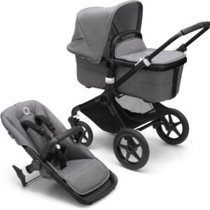 Bugaboo Fox 3, Comfortabele 2-in-1 Reissysteem: Lichte comfort Kinderwagen & Geavanceerde Breezy Reiswieg, Zwarte Chassis, Grey Melange Bassinet & Zonnekap