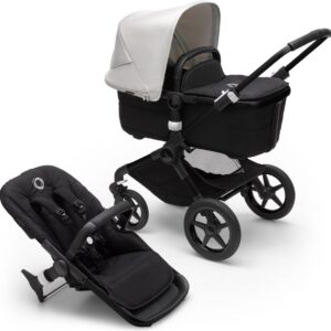 Bugaboo Fox 3, Comfortabele 2-in-1 Reissysteem: Lichte comfort Kinderwagen & Geavanceerde Breezy Reiswieg, Zwarte Chassis, Zwarte Bassinet & Zonnekap in Misty White