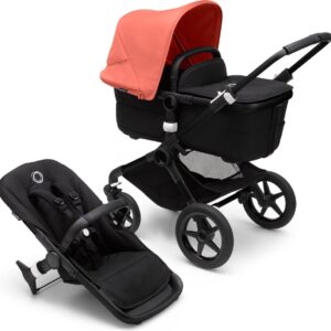 Bugaboo Fox 3, Comfortabele 2-in-1 Reissysteem: Lichte comfort Kinderwagen & Geavanceerde Breezy Reiswieg, Zwarte Chassis, Zwarte Bassinet & Zonnekap in Sunrise Red