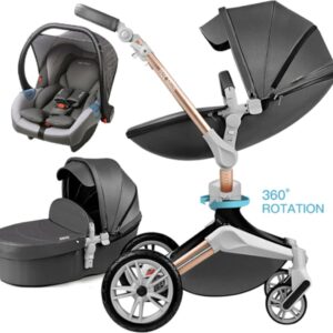 Ellanora®️ 360° draaibare kinderwagen - tegebruiken als kinderwagen, wieg en in de auto - PU-lederen kinderwagen - 3-in-1 converteerbare kinderwagen