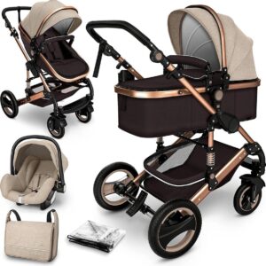 Sens Design Kinderwagen 3 in 1 - met luiertas - Bruin/Goud