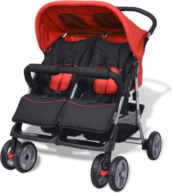 Tweeling kinderwagen staal rood en zwart